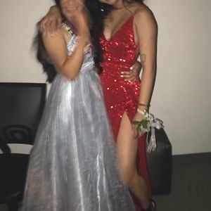 red sequin slit dress